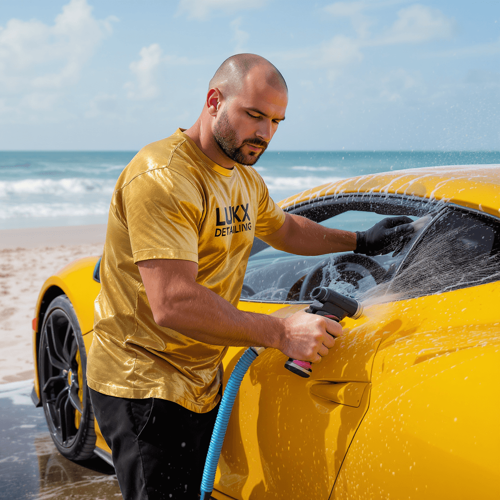 AI generated: 28 year old Serbian man, bald with short beard, in gold t-shirt, with "Lukx Detailing" in black lett...