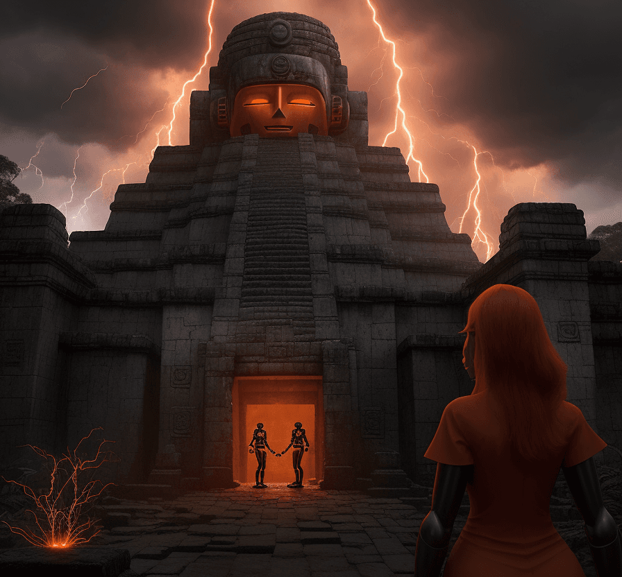 AI generated:  mysterious Maya temples. rain forest landscape. cloudy orange sky. electric sparks. 2 female iron r...