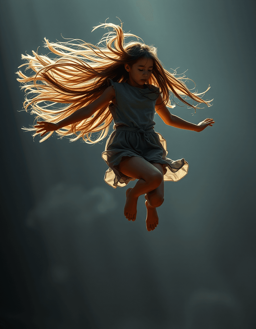 AI generated: Capture the mystique of a girl mid-jump, her long hair suspended in the air. Explore the intrigue in...