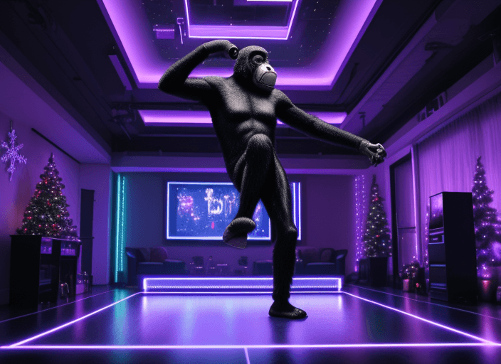 AI generated: Image cyber punk futurism Christmas living room with dance floor with an ape standing on the dance f...