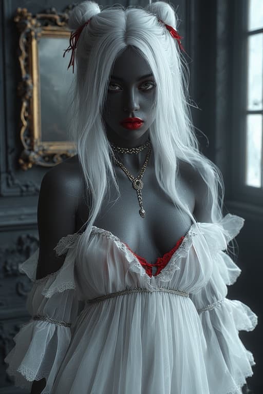 AI generated: A portrait of a mysterious woman with pale skin and silver hair styled in buns with red ribbons, str...