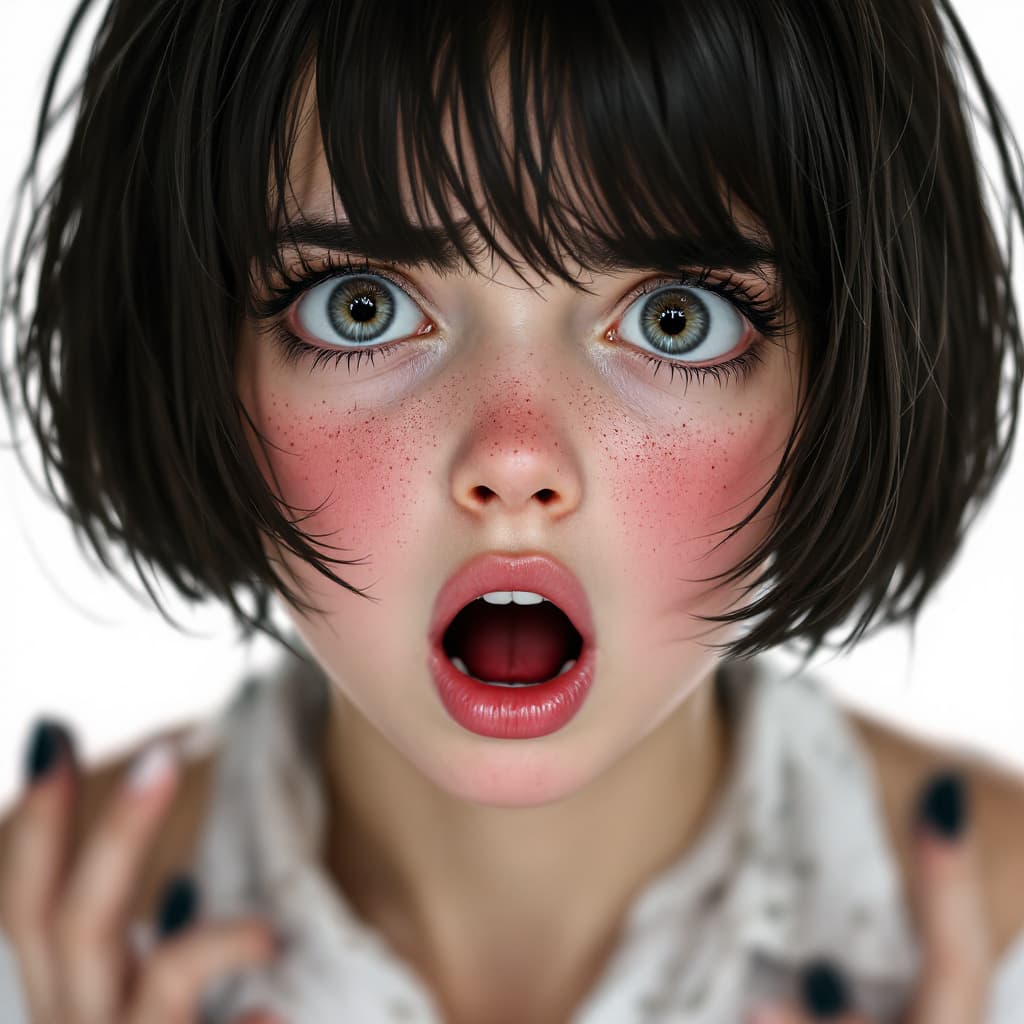 AI generated: Girl with short hair on 4 supports with expression of fear and open mouth with blush looking back On...