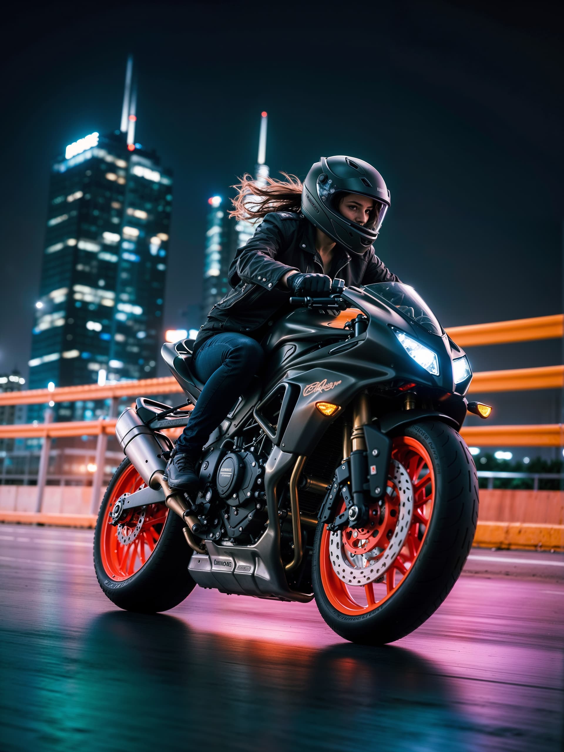 AI generated: Electrifying scene captures a stunning woman astride a futuristic race motorcycle, its sleek frame b...