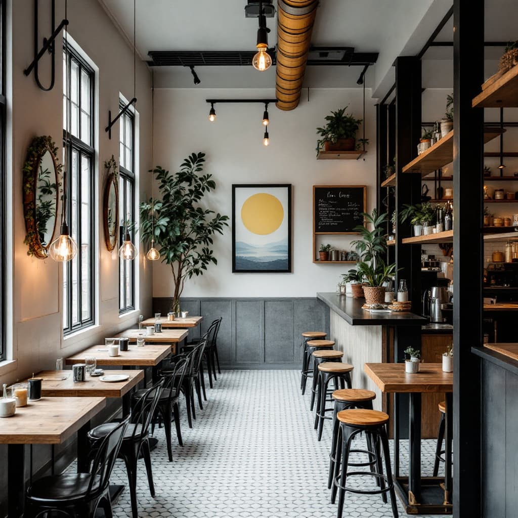 AI generated: The inside image of a small one floor restaurant in New York that serves comfort food. Use wooden ta...