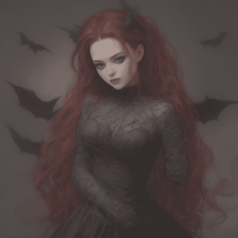 AI generated: a woman with long, crimson hair and horns, wearing a black dress dress, set against a dark, smoky ba...