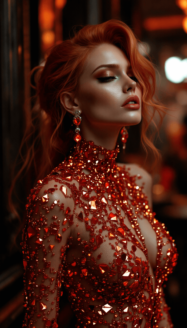 AI generated: 5' 5" red head abbey lee kershaw look alike smokey eyes, heavy make-up, 
wearing the most outrageous...
