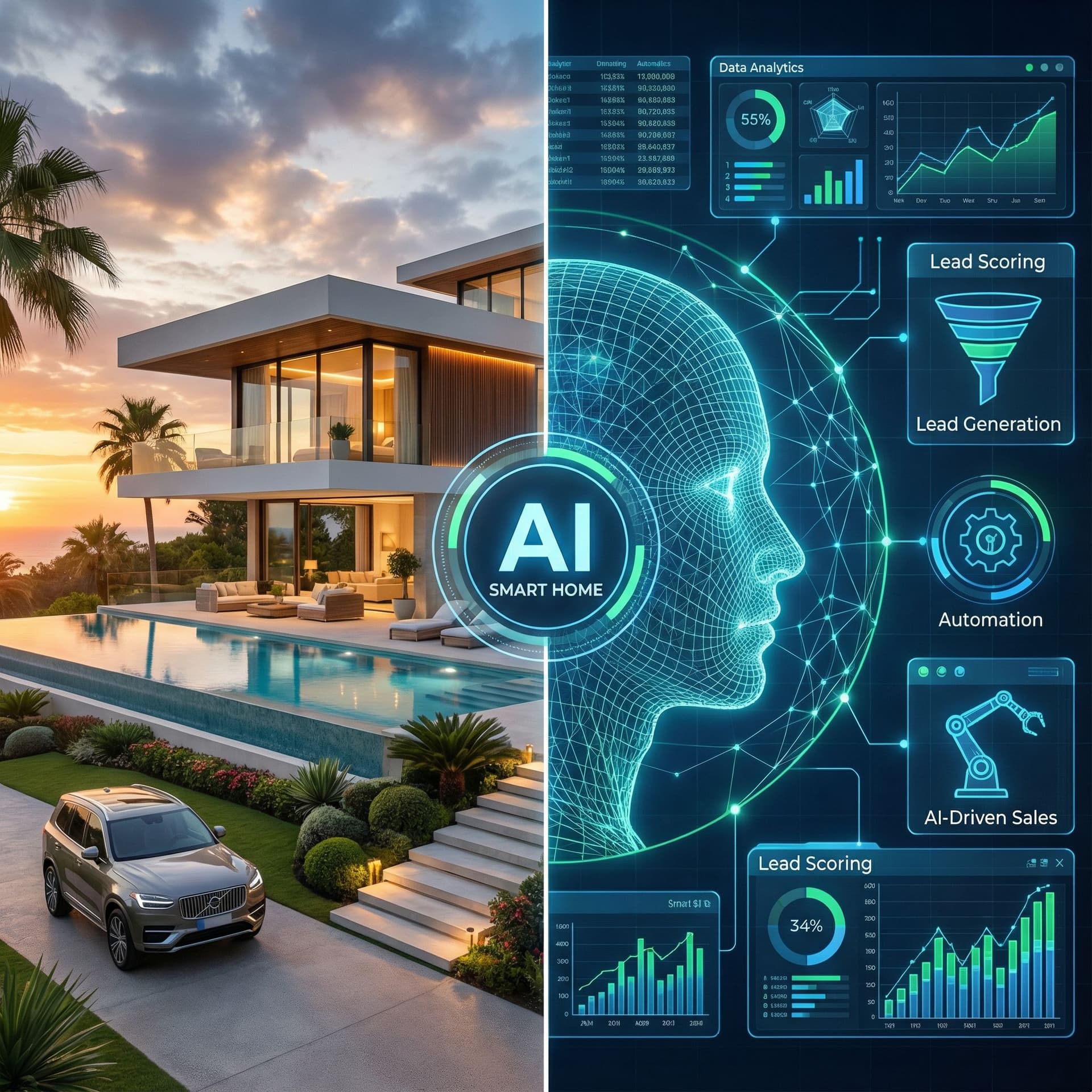 AI generated: صورة تعبيرية احترافية بنظام "الشاشة المقسومة" (Split Screen)، تجمع بين واقعية الفيلا المودرن الفاخرة...