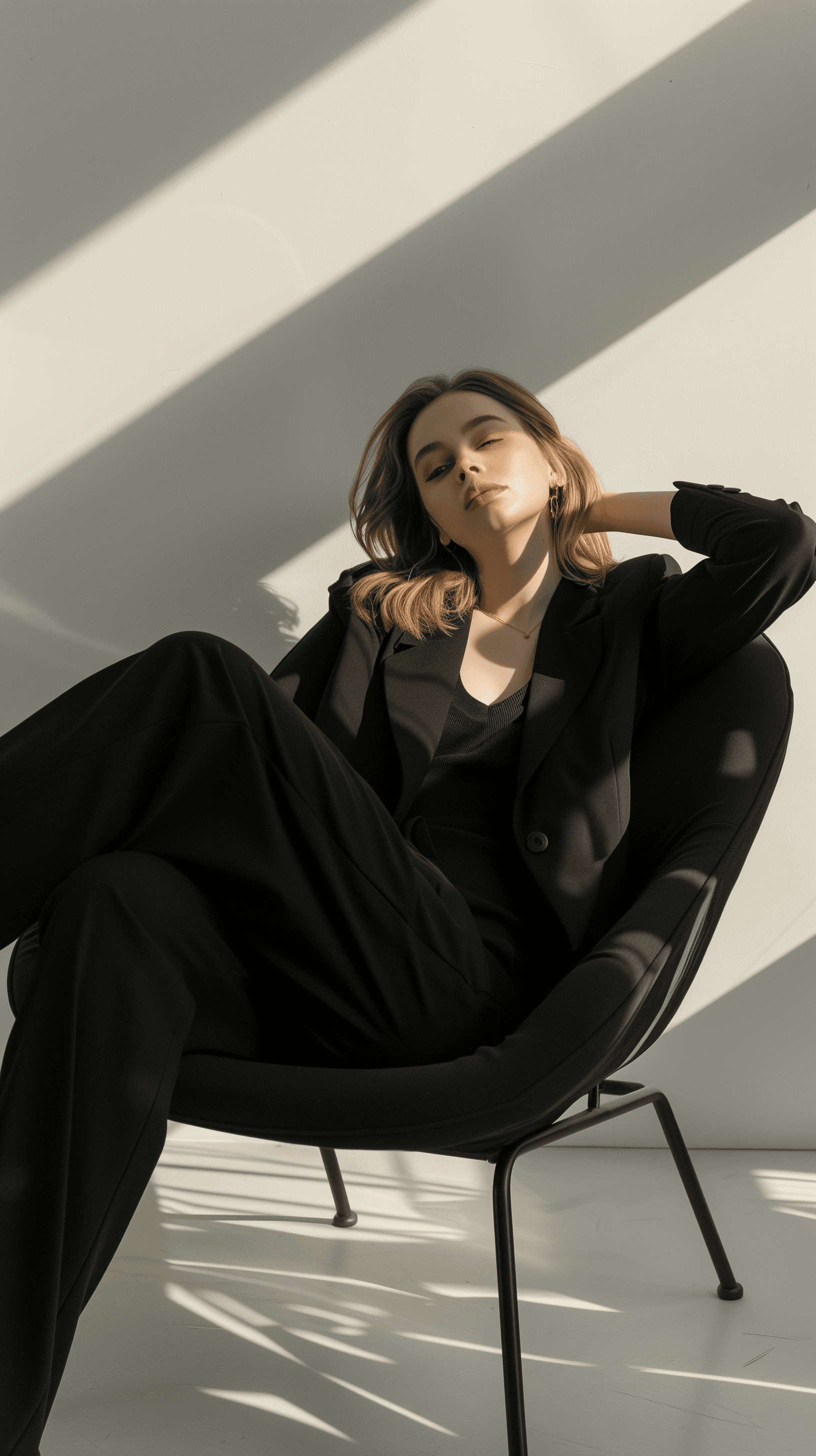 AI generated: young woman with shoulder-length blonde hair, contemporary photoshoot within a minimalist setting, l...