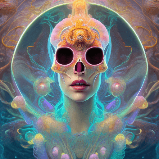 AI generated: Goddess close-up portrait ribcagel. jellyfish phoenix head, nautilus, orchid, skull, betta fish, bio...