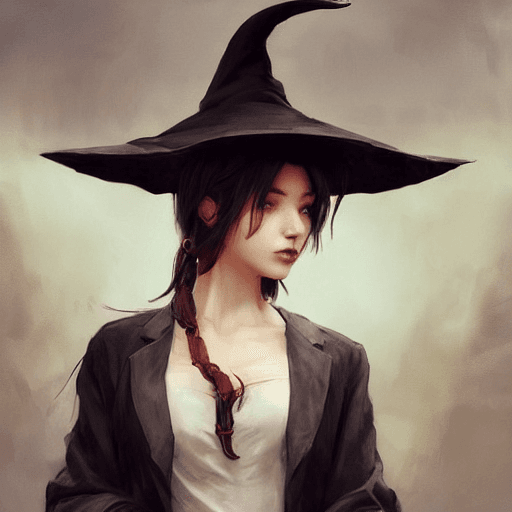 AI generated: rugged girl witch wearing magic school uniform, large wide - brimmed witch hat, cinematic, elaborate...