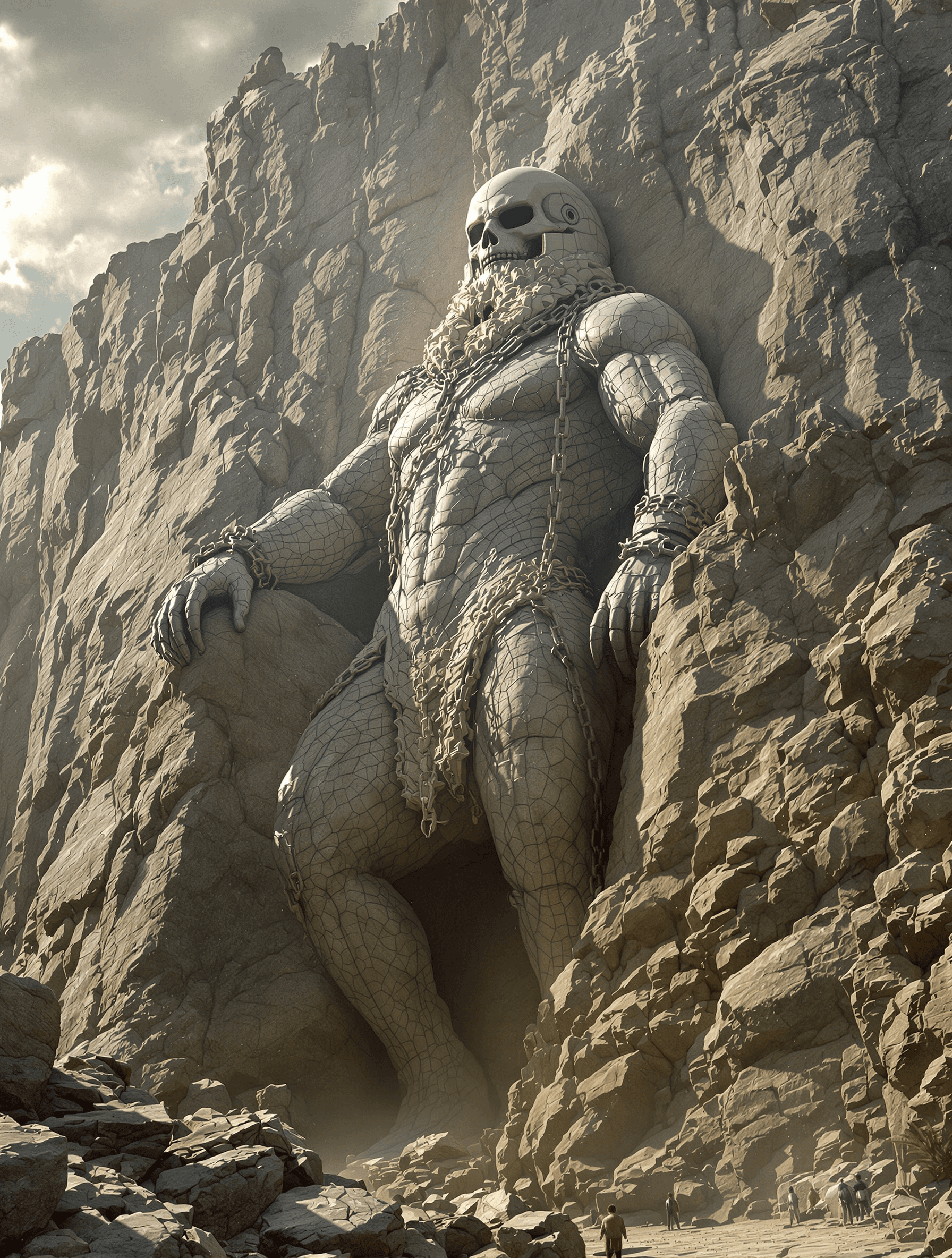 AI generated: Create an emotional dramatic image depicting (the giant God Prometheus chained to the enormous cliff...