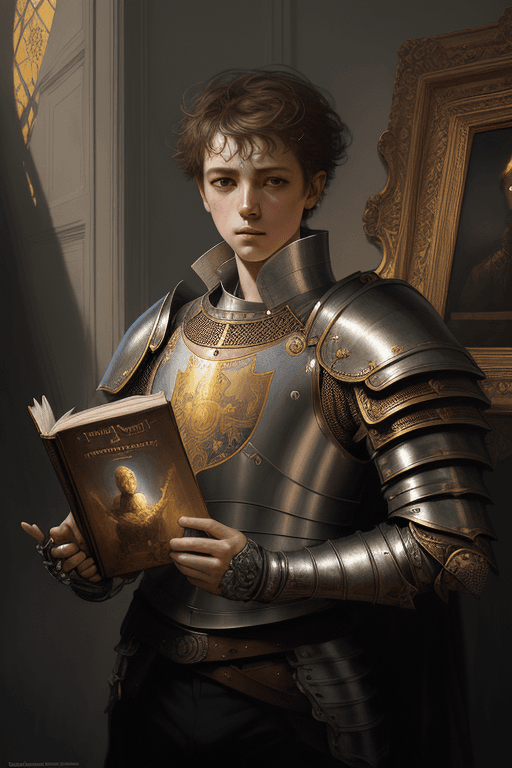AI generated: breathtaking soft painting of arthur rimbaud with an intricate knight armor in a golden sky, books f...