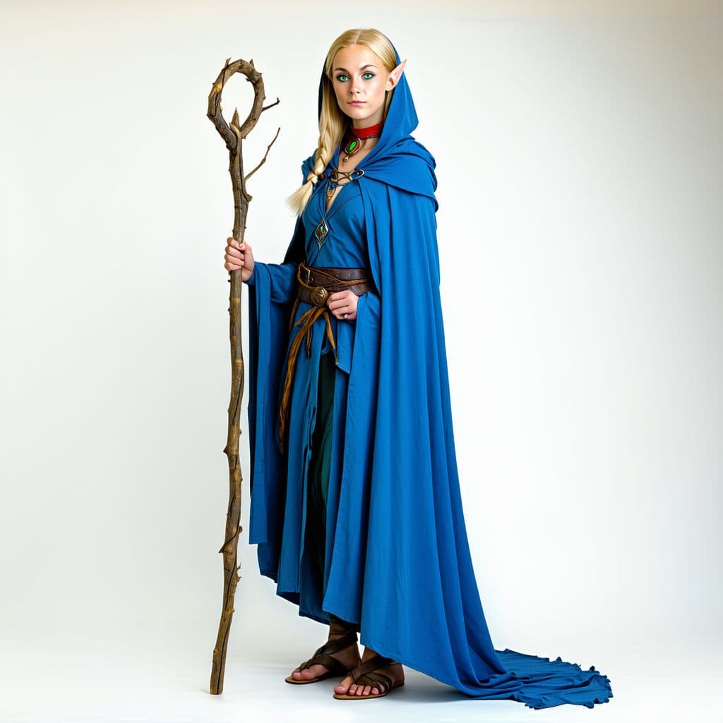 AI generated: 
Full body portrait of an elven sorceress(Marcille Donato), blonde, medium height, green eyes, small...