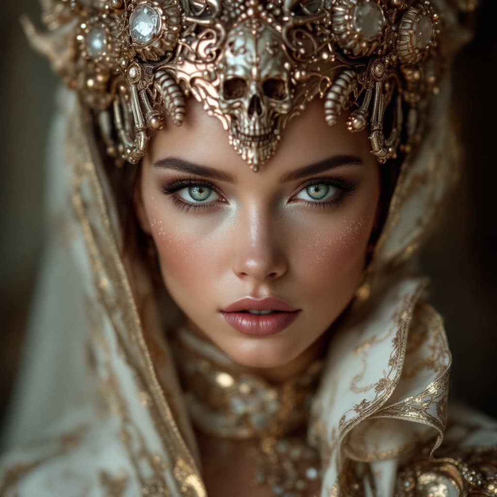 AI generated: Imagine a striking photo portrait of a woman, exuding a blend of ethereal beauty and bold fashion. H...