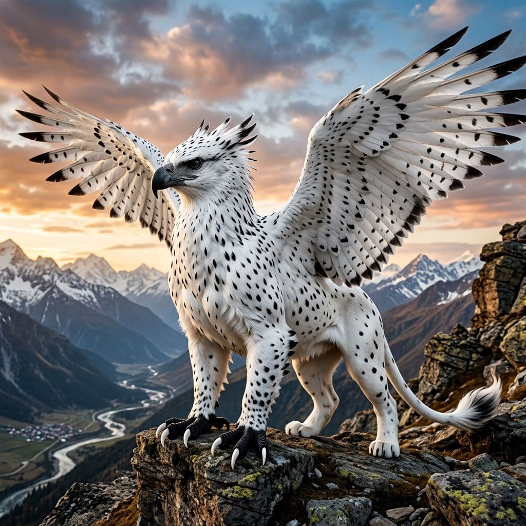 AI generated: a white griffin with white feathers with black spots and that black tipped and a black beak and blac...