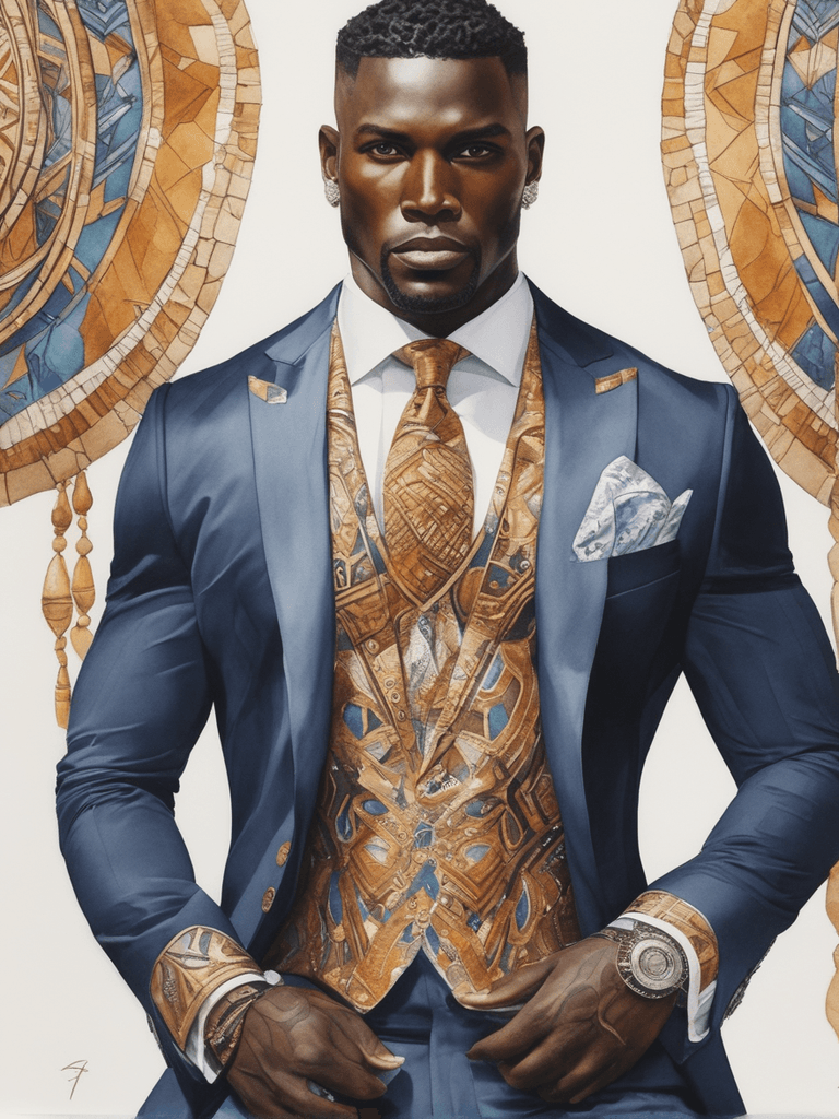 AI generated: intricate closeup shot, masterpiece artwork, black male, skin-tight body, tribal, suit, white accent...