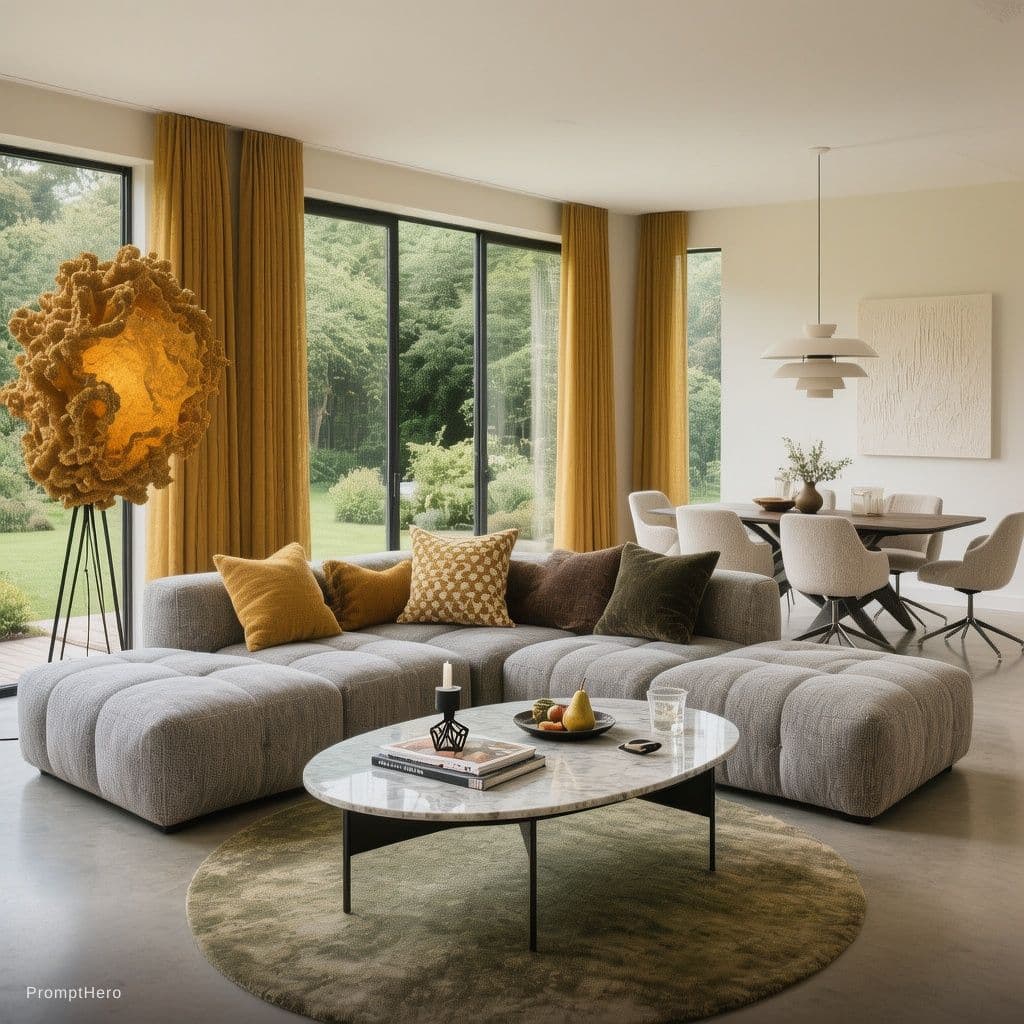 AI generated: A professional interior photograph capturing a modern and inviting open-plan living and dining space...