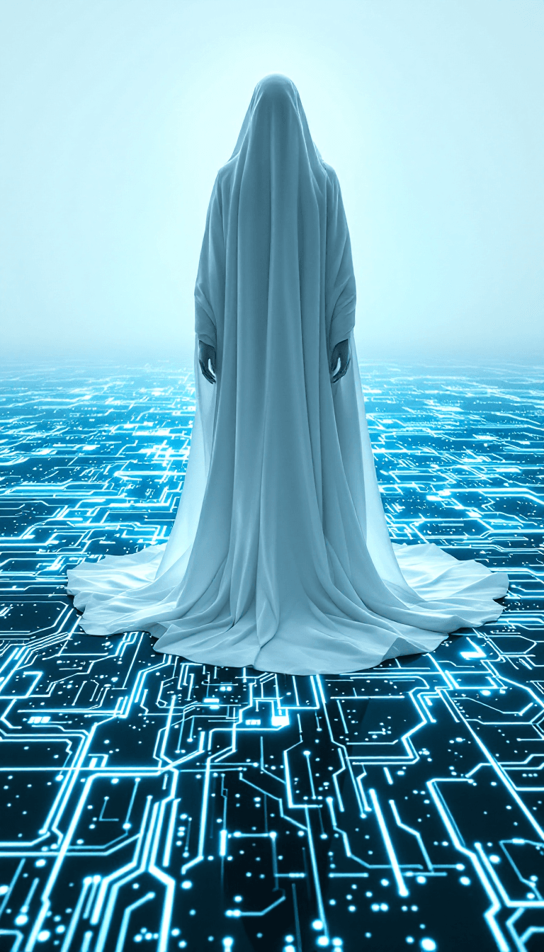 AI generated: This is a hyper-realistic, unsettling photograph of a spectral, all-knowing figure standing on a vas...