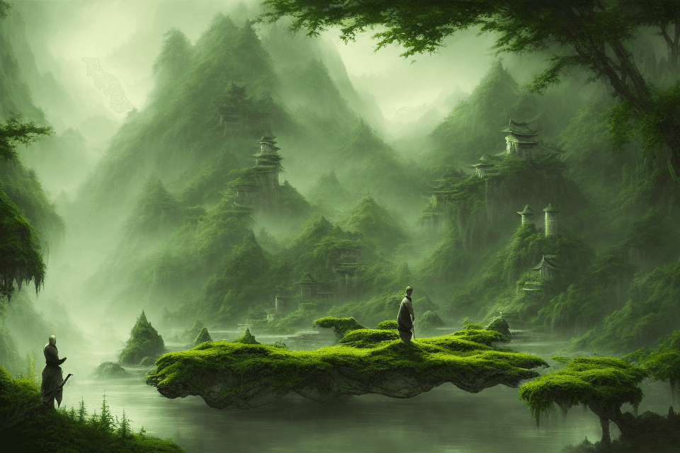 AI generated: high resolution, two persons, young warrior standing, old chinese zen master sitting on a store, gre...