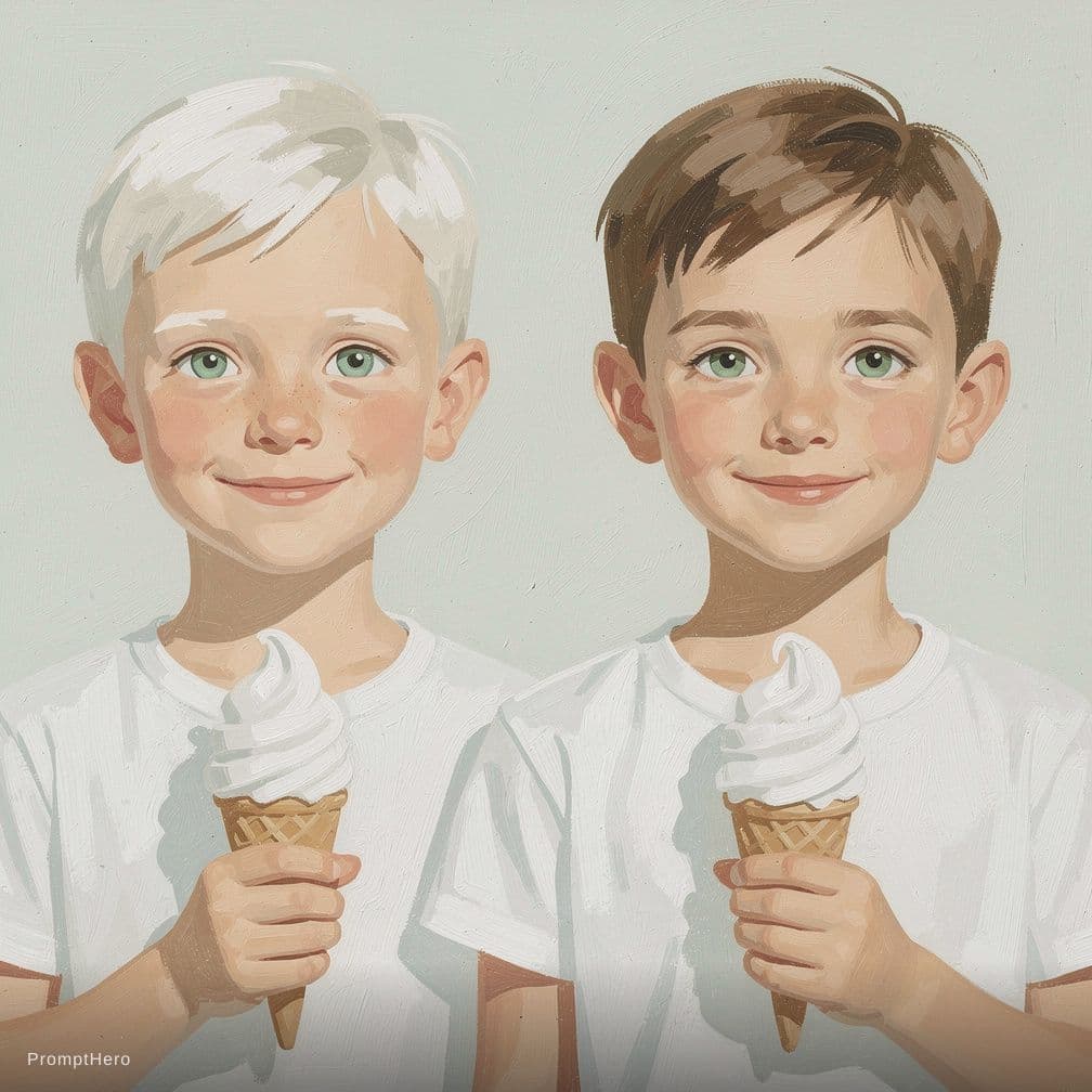 AI generated: oil painting, simplify, front portraits, two boys, white and brown short hair, wearing a white T-shi...