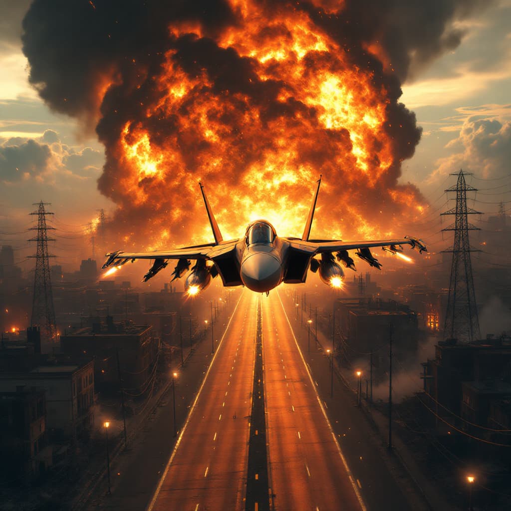 AI generated: An apocalyptic scene featuring a battle-hardened fighter jet soaring through fiery chaos over a city...