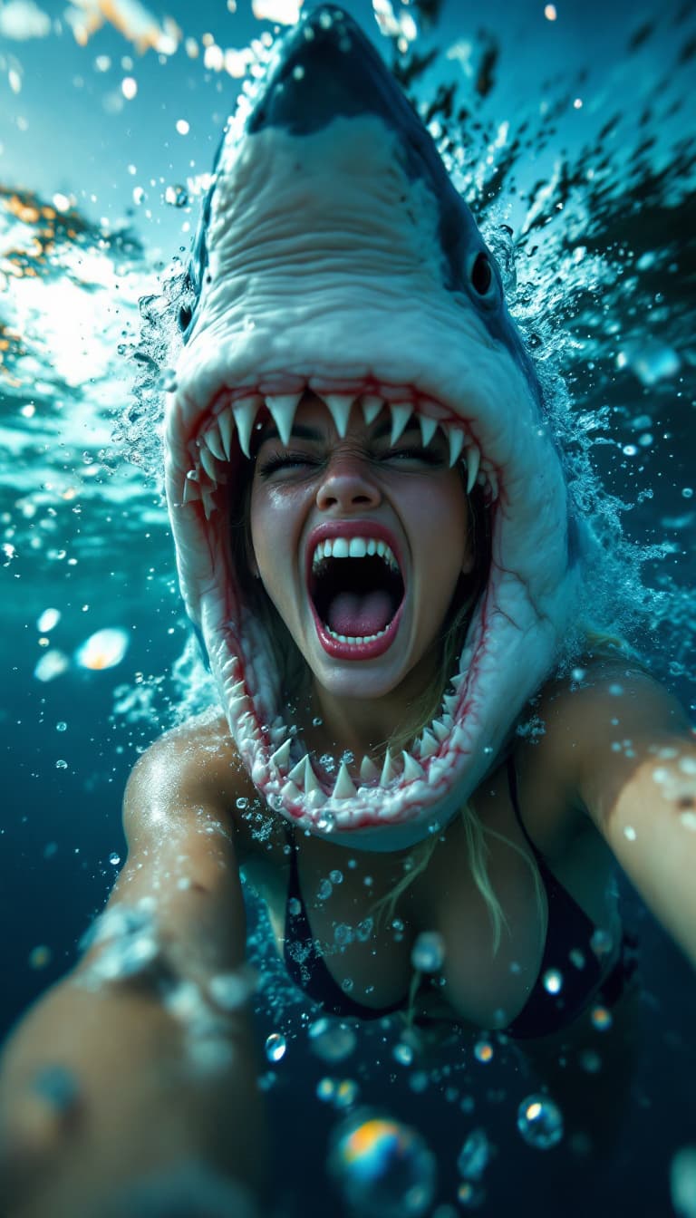 AI generated: A candid closeup selfie angle gopro photo of a gorgeous blonde young screaming women, she is swimmin...