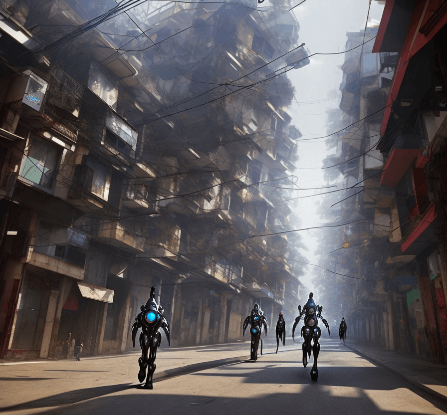 AI generated: a  futuristic iron and white mech is walking in the street in  a wooden favela. Terrified people are...