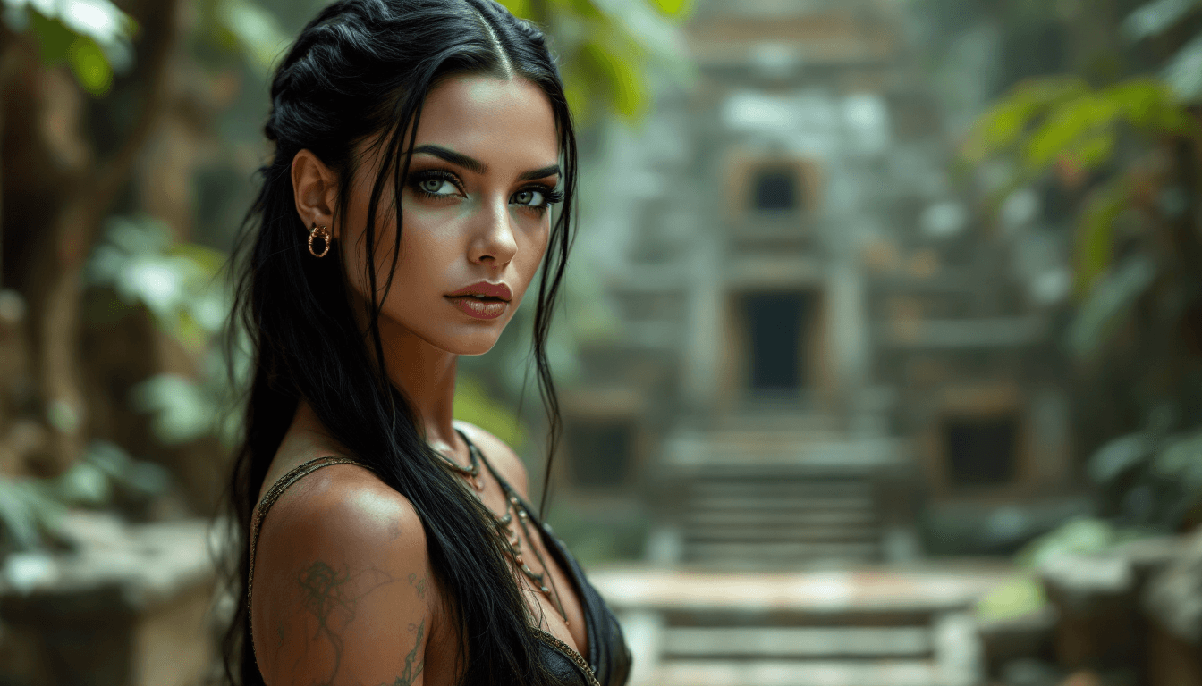 AI generated: a professional photo of the most female in the world, a young adult, Sarah Michelle Gellar Aztec pri...
