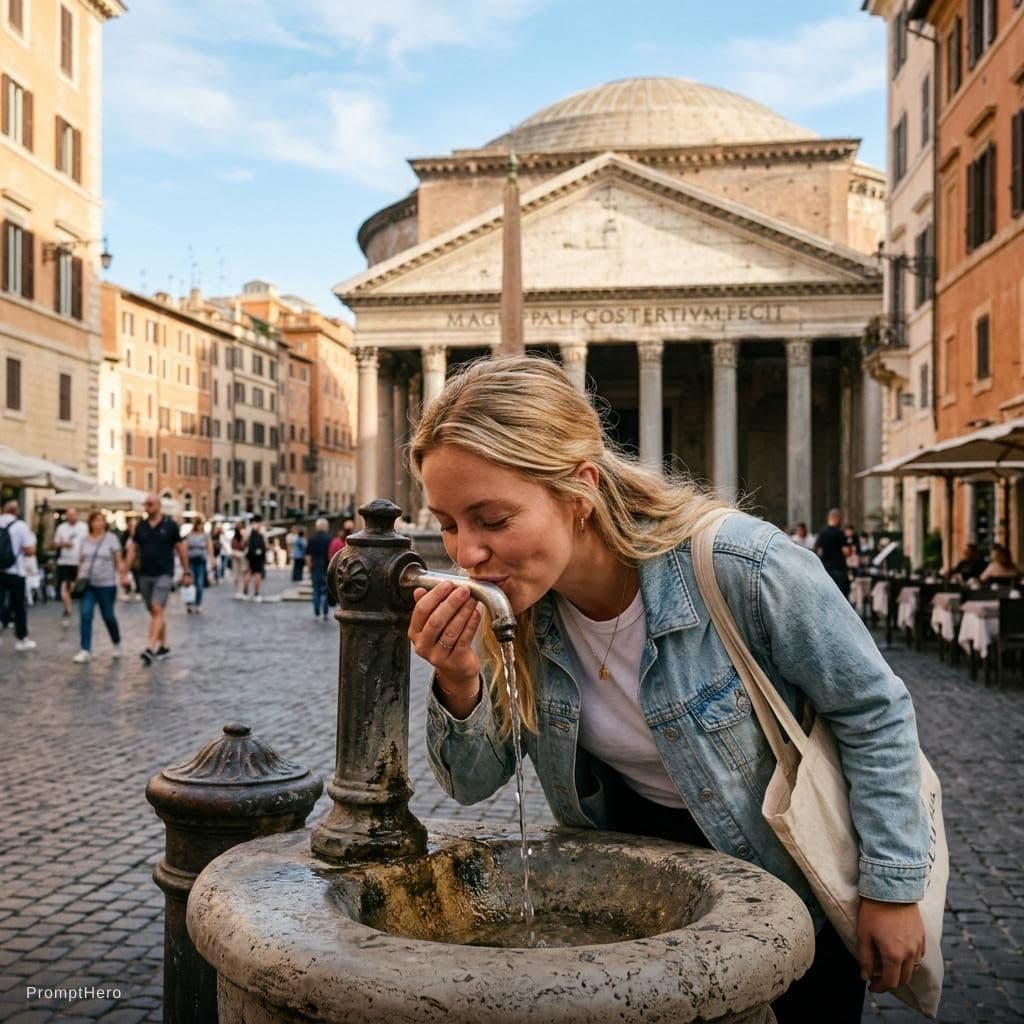 AI generated: a blonde woman drinking water from a fontain in Rome