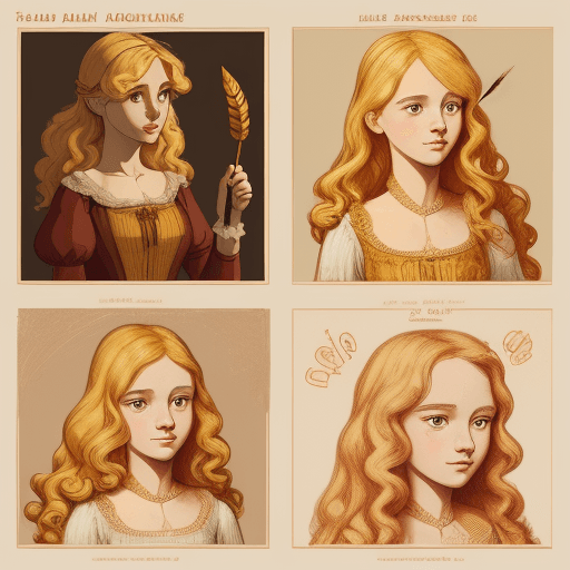 AI generated: a poster depicts a girl with golden hair holding a quill in her hand, in the style of sketchfab, poo...