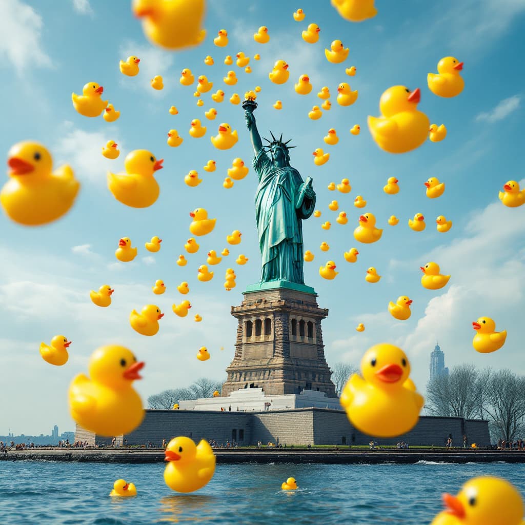 AI generated: A flock of rubber duckies in the air near the statue of liberty.
