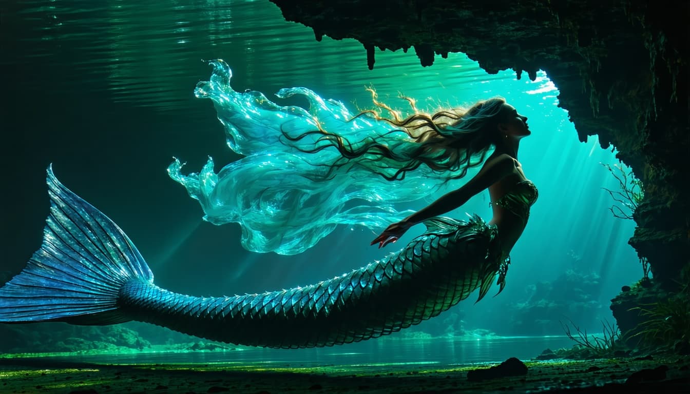 AI generated: A mesmerizing mermaid emerges from the depths,