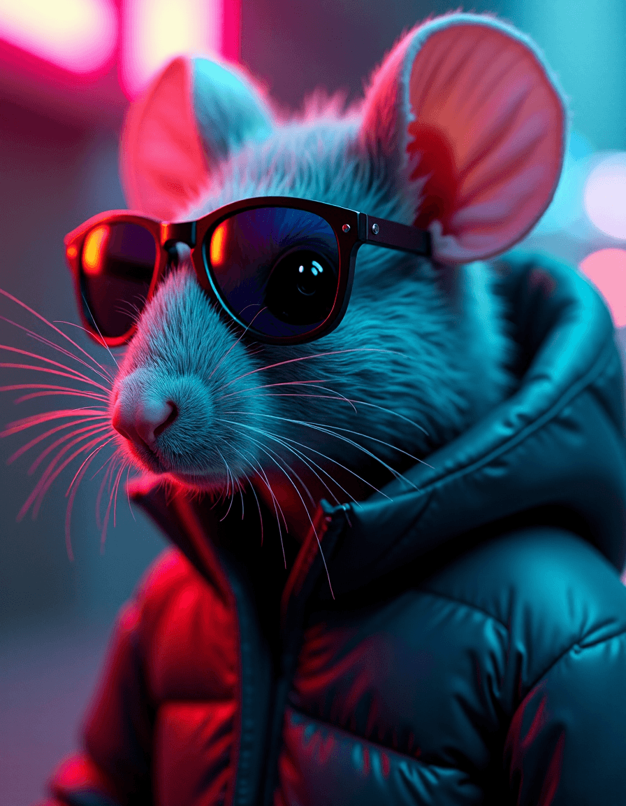 AI generated: hyperrealistic art portrait of a mouse wearing sunglasses, neonpunk, photo-realistic techniques, det...