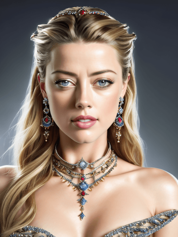 AI generated: Close-up portrait of amber heard with jewellery, An ornate choker of diamond and sapphires in the st...