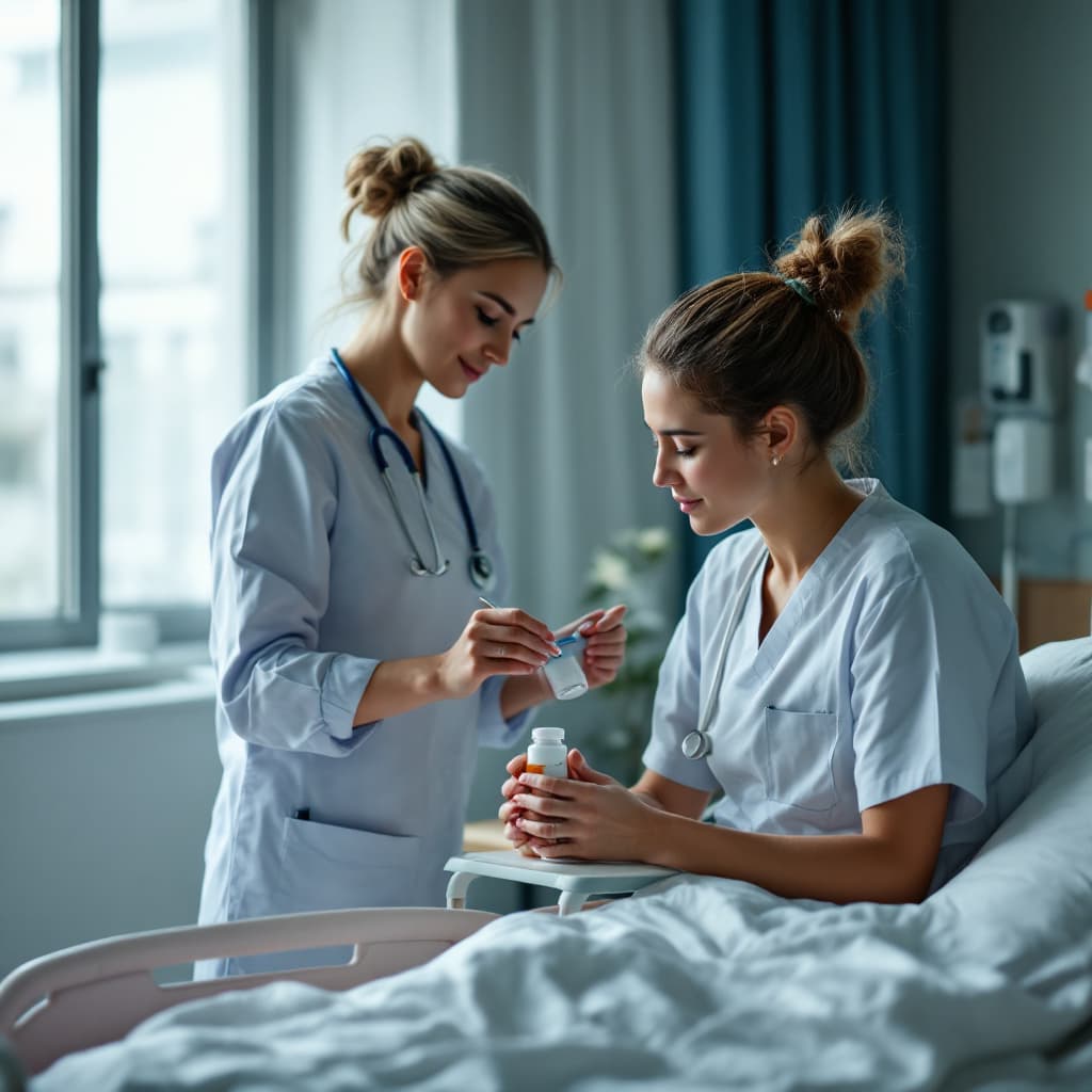 AI generated: A peaceful nurse in a patient bedside with trolley to administer a medication to her patient,
