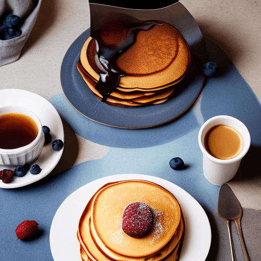 AI generated: stacks of pancakes lie on a plate and are poured with maple syrup, steam over the pancakes, there is...