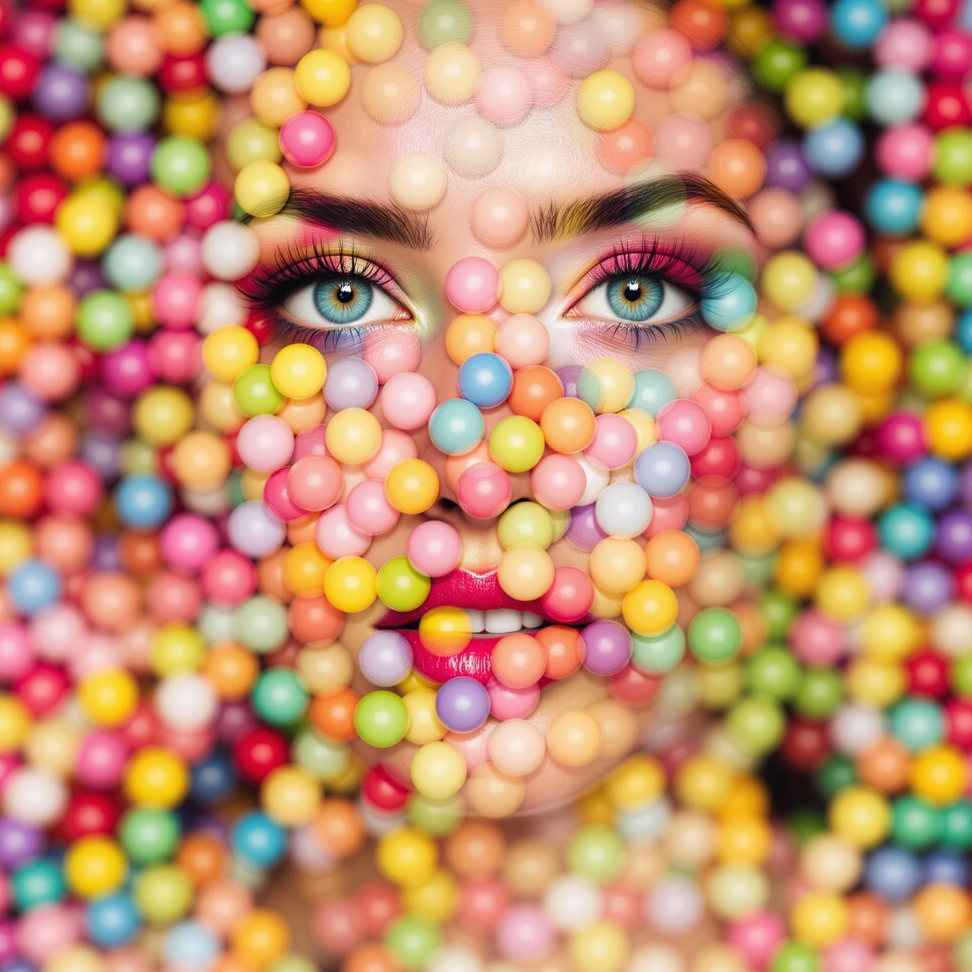 AI generated: A woman's face is hidden behind colorful balls of candy, creating an artistic double exposure effect...