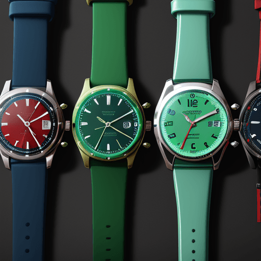 AI generated: only one wristwatch, lying flat, from left to right, with a green band, blue bezel, red dial; watch ...