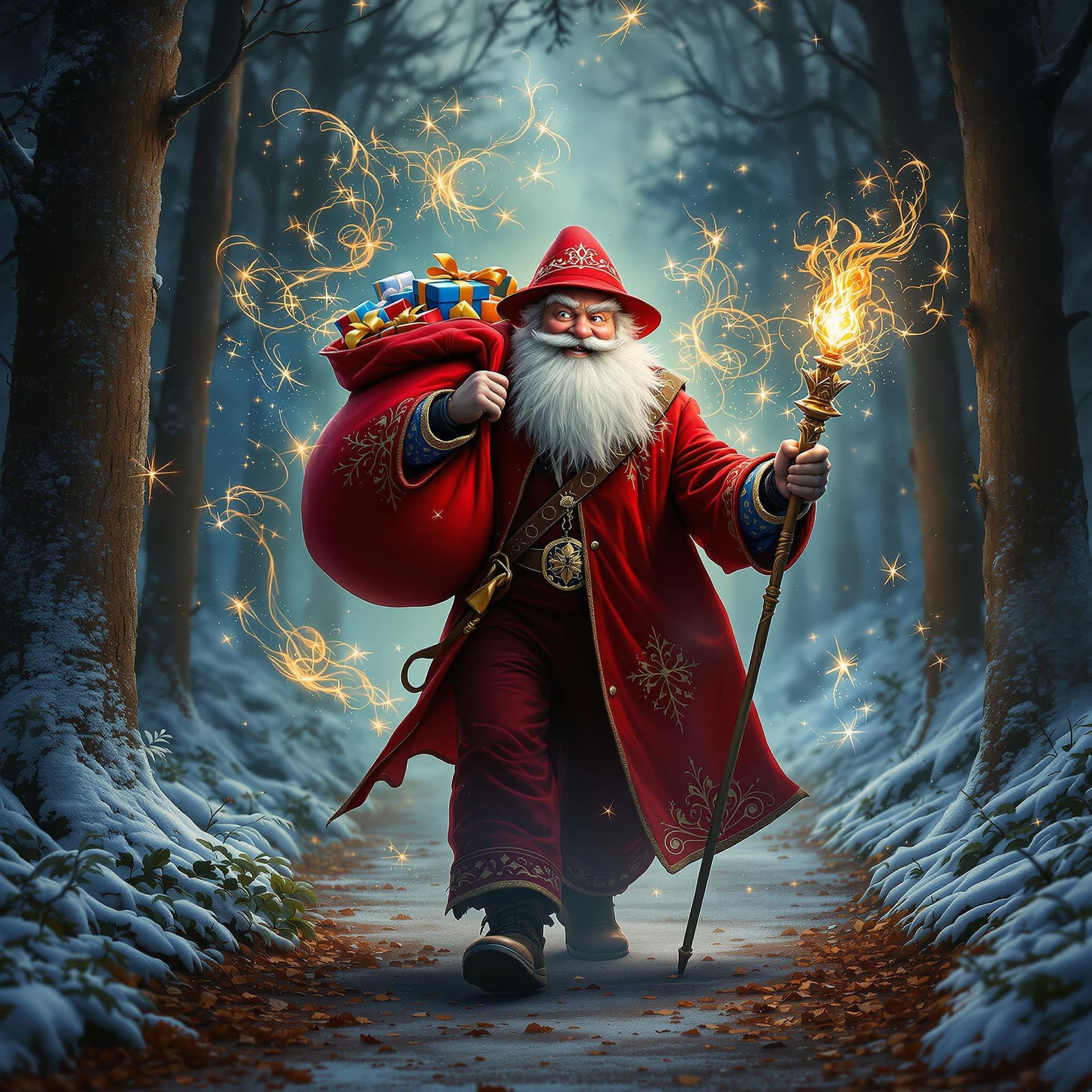 AI generated: movie poster, pleased kind russian uncle frost wearing red rocker clothes is depicted in an action p...