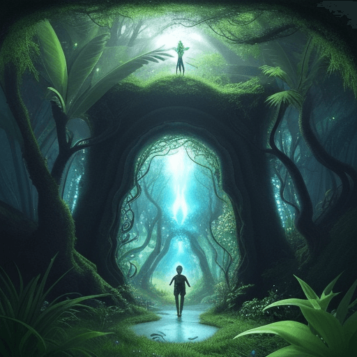 AI generated: Johnny steps through the shimmering portal, emerging into a lush fantasy world filled with unusual p...