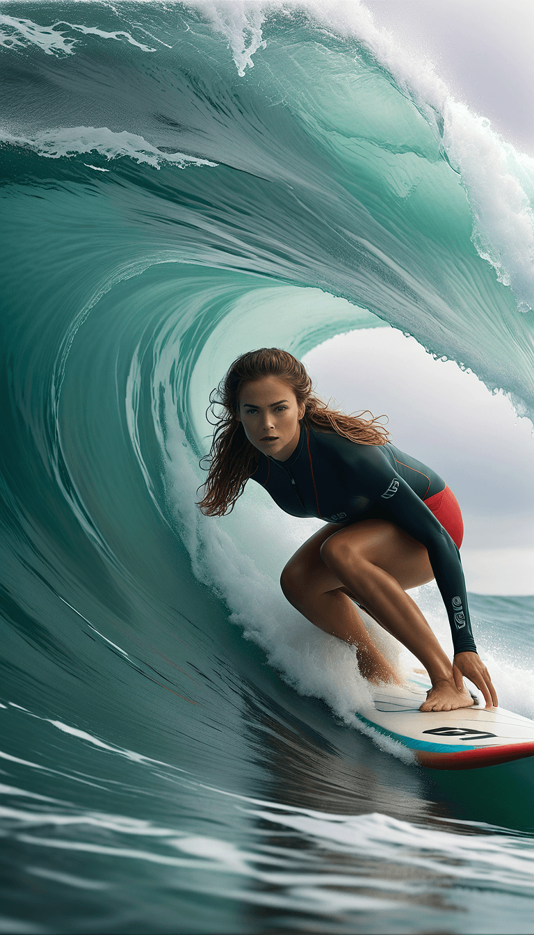 AI generated: The image features a woman riding a wave on a surfboard. She is skillfully navigating the wave, show...