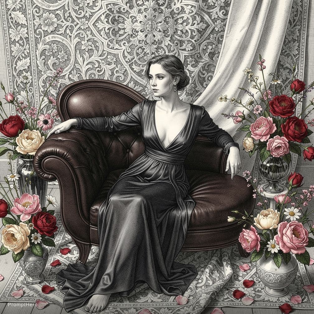 AI generated: A sexy breathtaking pen and ink masterpiece, this fine art portrait captures the essence of a young ...