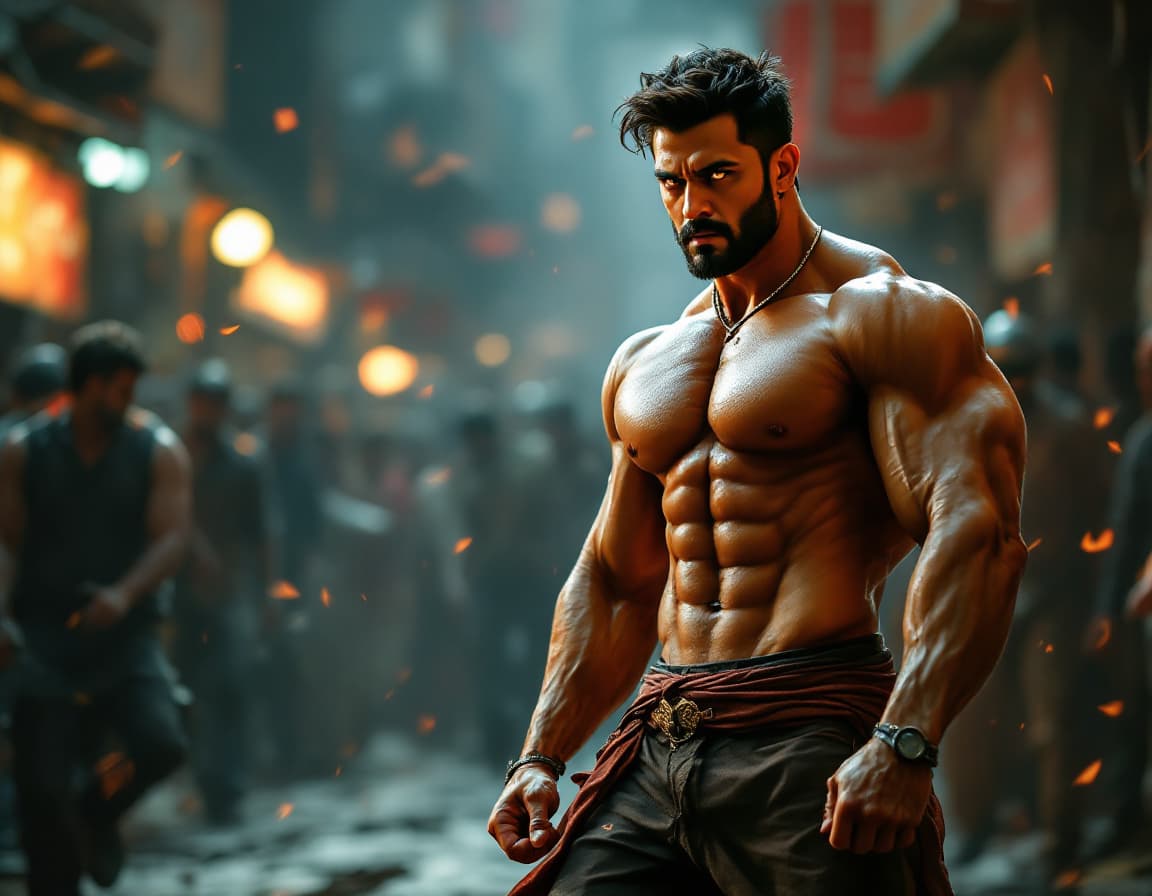AI generated: Imagine a striking Bollywood action scene focused on a muscular, athletic protagonist with a chisele...