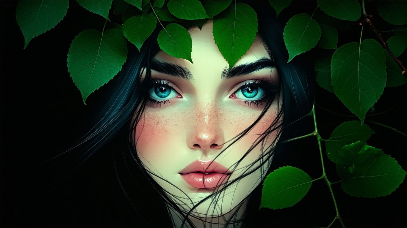 AI generated: The image is an illustration of a close-up of a woman's face. The woman has long dark hair and blue ...