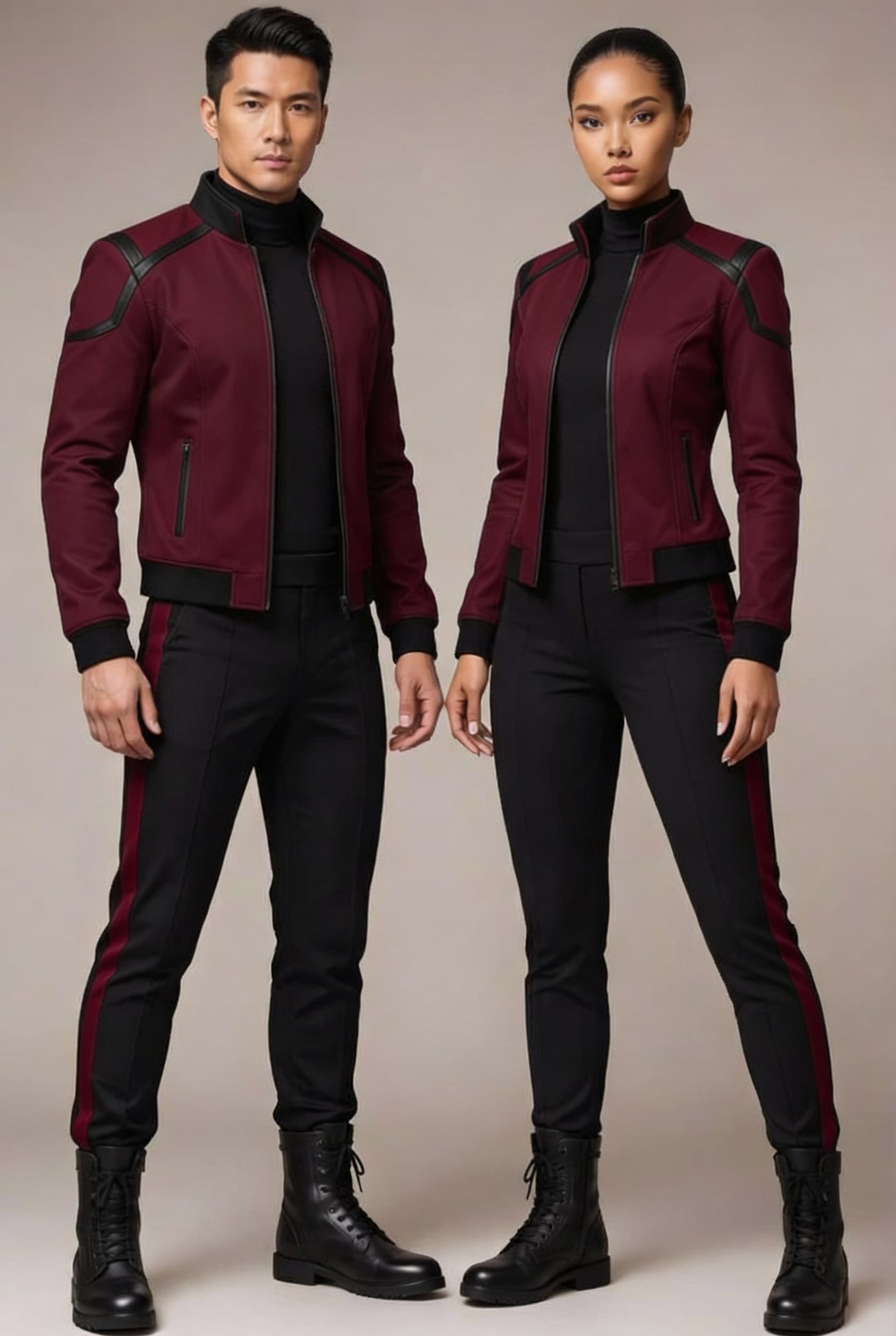 AI generated: Create a Sci-Fi uniform. Use the reference image and turn all blue to red. The color of the uniform ...