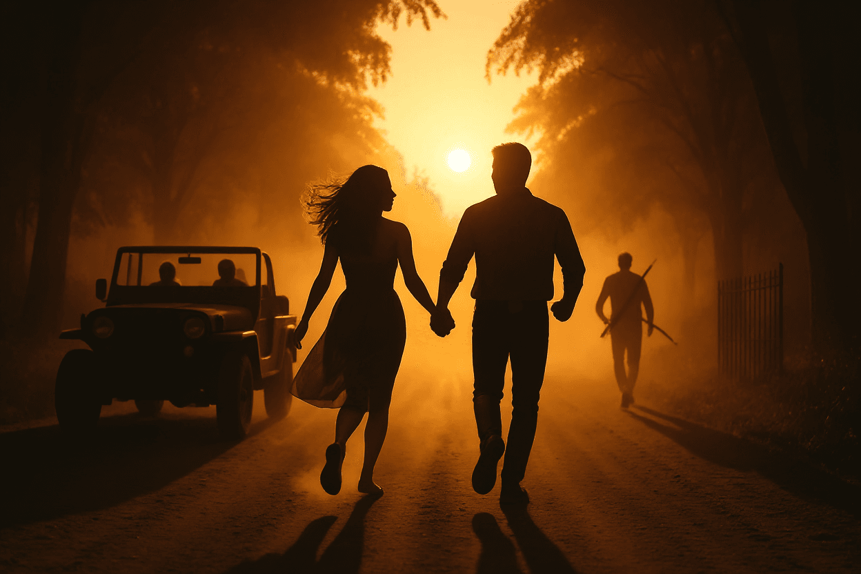 AI generated: "cinematic romantic scene, silhouette of a couple holding hands and running down a dirt road at suns...
