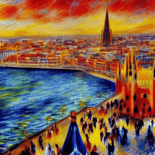 AI generated: Barcelona skyline, SAGRADA FAMILIA ,Mahou, sun and beach, orange, yellow and red colors, terrace wit...