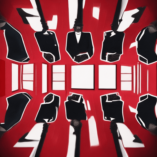 AI generated: distorted, men in suits sitting behind the table, many faces staring at you, in suits , they upside ...