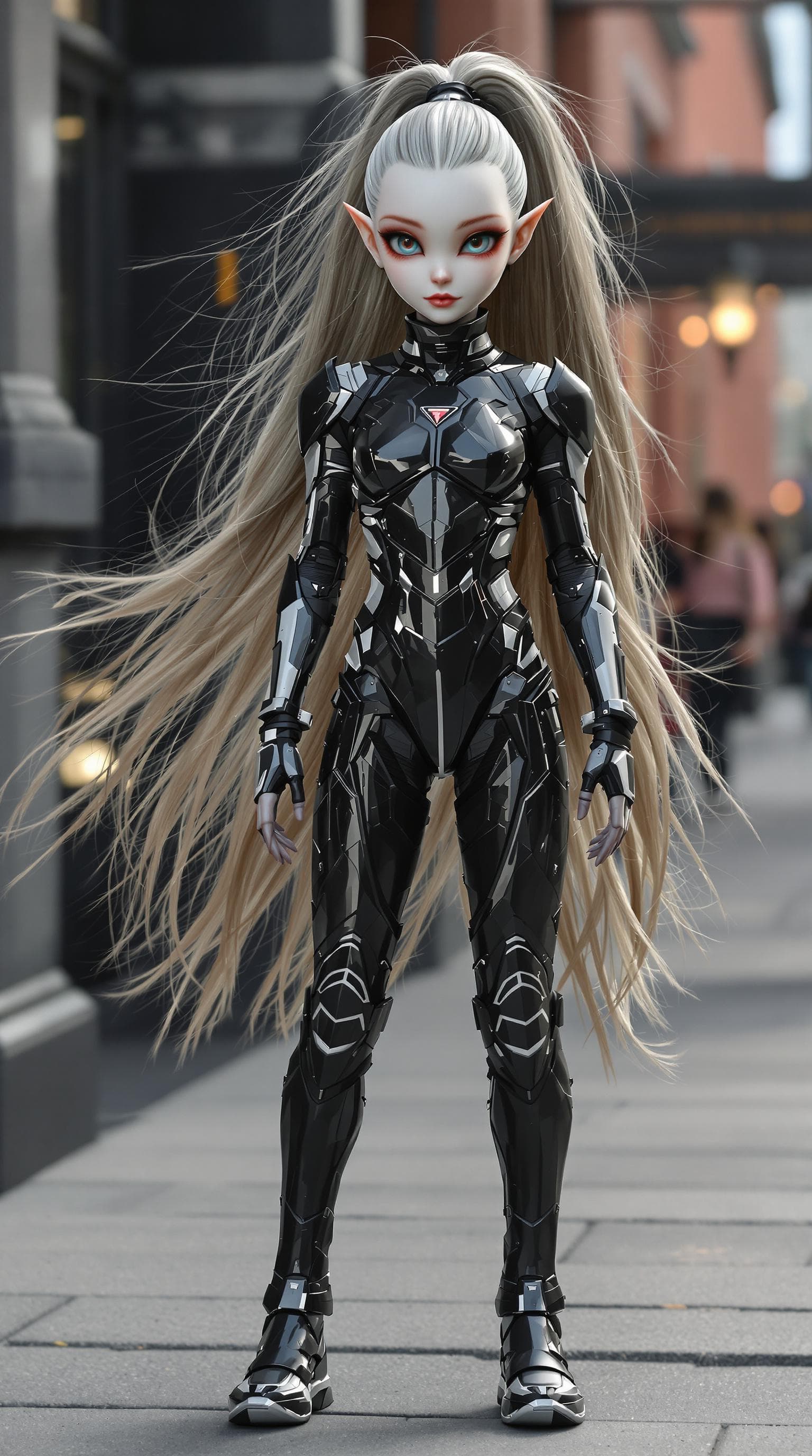 AI generated: a professional photo of a exceptionally of the most beautiful grey skinned alien elf girl (age 7) in...