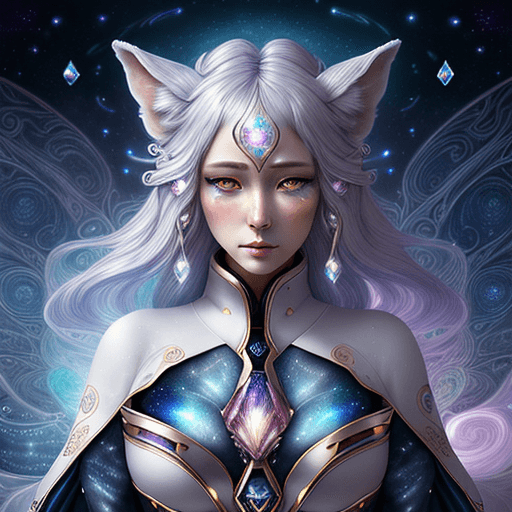 AI generated: ultra beautiful galaxy Kitsune, elegant with the crystal maiden eyes, hypnotic opinion, in ultra det...